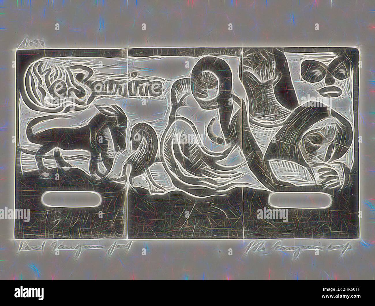 Ispirato da Title for 'le Sourire (titre de Sourire)', Paul Gauguin, francese, 1848–1903, Pola Gauguin, Danese (Francia), 1883–1961, Christian Cato, Copenaghen, 1899, Printed 1921, Woodcut, Copenhagen, København Commune, Danimarca, Europa, Copenaghen, København comune, Danimarca, Europa, Parigi, Île-de, reinventato da Artotop. L'arte classica reinventata con un tocco moderno. Design di calda e allegra luminosità e di raggi di luce. La fotografia si ispira al surrealismo e al futurismo, abbracciando l'energia dinamica della tecnologia moderna, del movimento, della velocità e rivoluzionando la cultura Foto Stock