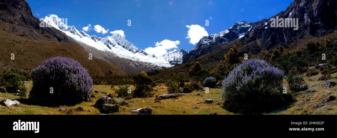 Panorama delle montagne e della valle nella catena montuosa della Cordillera Blanca lungo il famoso trekking di Santa Cruz vicino Huaraz in Perù. Foto Stock