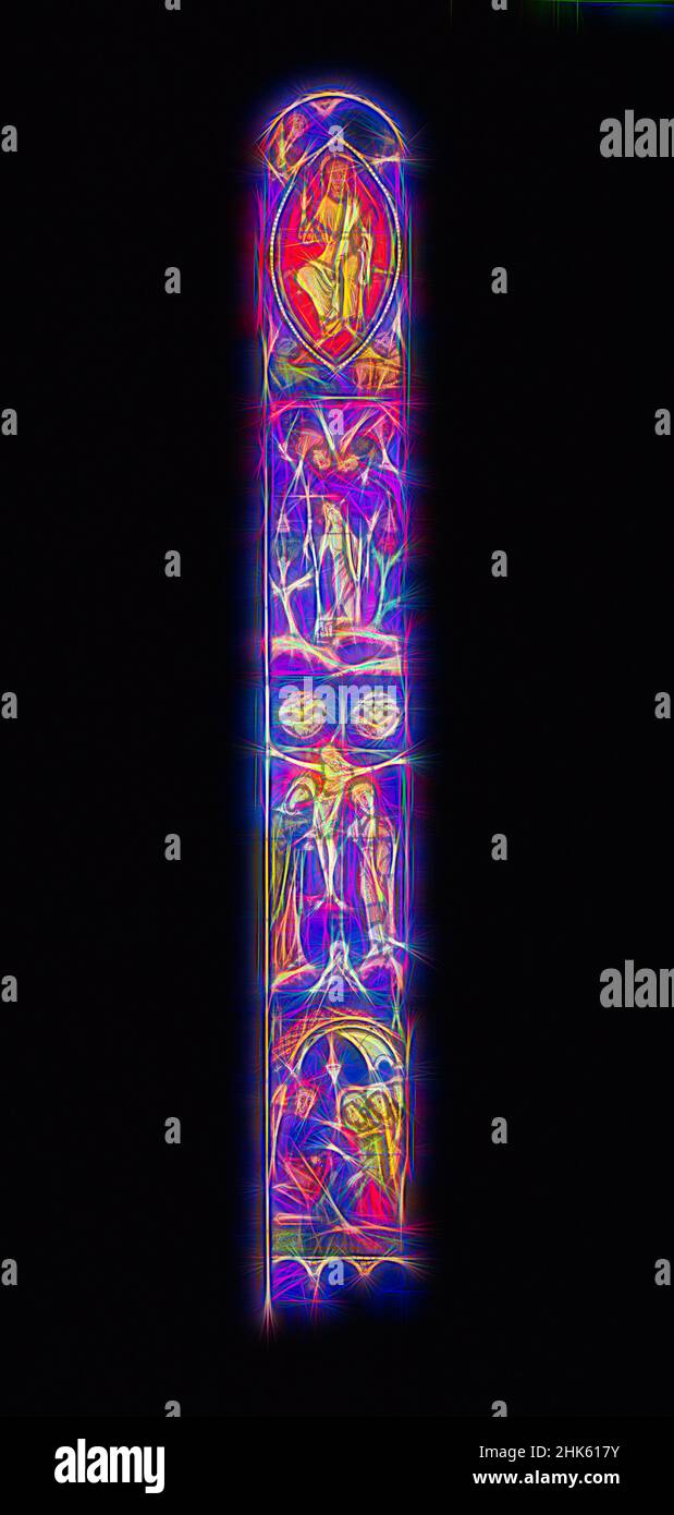 Ispirato da Lancet Redemption Window, francese, c.1220, Pot-Metal Glass, Montreuil-sur-le-Loir, Pays de la Loire, Francia, Europa, elementi architettonici, vetreria, incorniciata: 108 3/8 x 17 1/2 poll. (275,2 x 44,5 cm, riimmaginato da Artotop. L'arte classica reinventata con un tocco moderno. Design di calda e allegra luminosità e di raggi di luce. La fotografia si ispira al surrealismo e al futurismo, abbracciando l'energia dinamica della tecnologia moderna, del movimento, della velocità e rivoluzionando la cultura Foto Stock