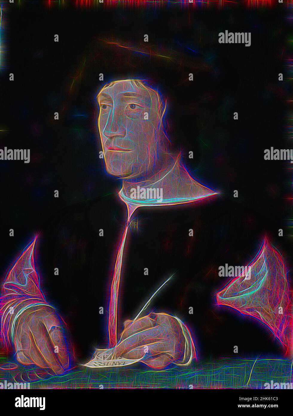 Ispirato da Ritratto di un banchiere, Jean Clouet, Netherlandish (Francia attiva), c.1485–1540/41, 1522, Olio su pannello, made in France, Europe, dipinti, 16 3/4 x 12 7/8 poll. (42,5 x 32,7 cm, riimmaginato da Artotop. L'arte classica reinventata con un tocco moderno. Design di calda e allegra luminosità e di raggi di luce. La fotografia si ispira al surrealismo e al futurismo, abbracciando l'energia dinamica della tecnologia moderna, del movimento, della velocità e rivoluzionando la cultura Foto Stock