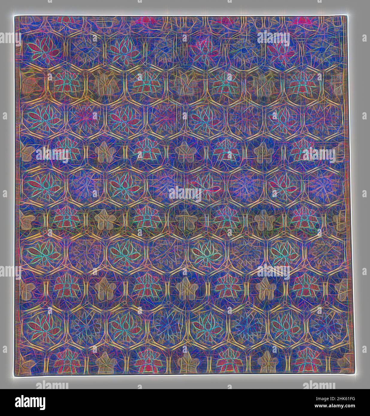 Ispirato a Textile Panel con design di fiori stagionali ambientato in esagoni, cinese, dinastia Ming, 1368–1644, periodo Wanli, 1573–1619, fine 16th–inizio 17th secolo, broccato di seta, Suzhou, provincia di Jiangsu, Cina, Asia, tessuti, 29 1/2 x 27 1/4 poll. (74,9 x 69,2 cm, riimmaginato da Artotop. L'arte classica reinventata con un tocco moderno. Design di calda e allegra luminosità e di raggi di luce. La fotografia si ispira al surrealismo e al futurismo, abbracciando l'energia dinamica della tecnologia moderna, del movimento, della velocità e rivoluzionando la cultura Foto Stock