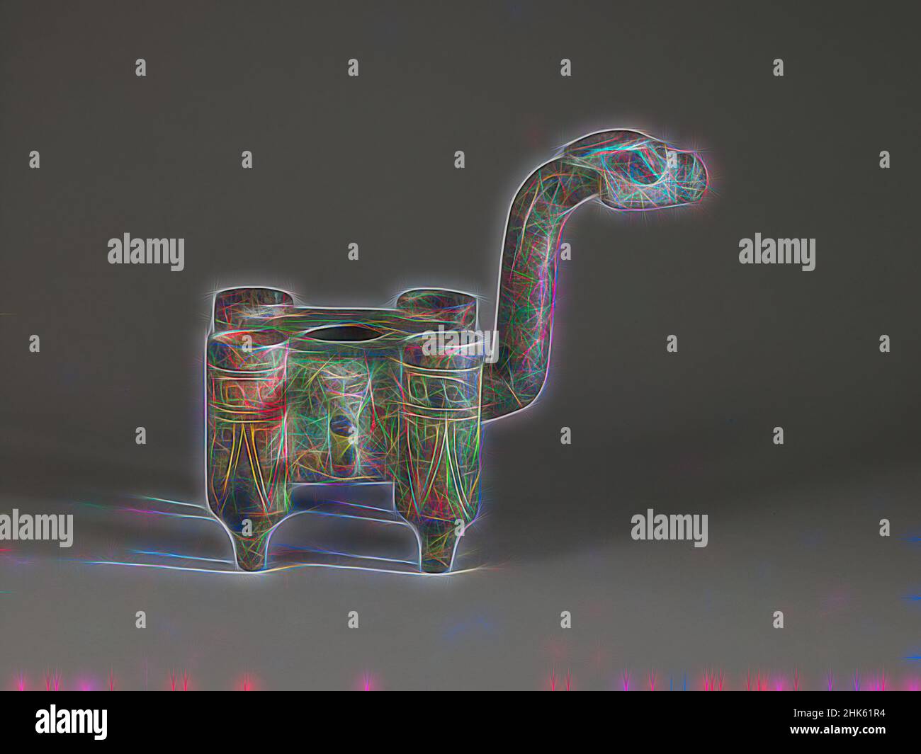 Ispirato da contenitore di pigmento (tiao se qi) con testa di bufalo allungata del collo e dell'acqua, cinese, dinastia di Shang, 1600–1050 BC, o dinastia occidentale di Zhou, 1050–771 BC, 11th secolo BC, Bronze, Anyang, Provincia di Henan, Cina, Asia, lavorazione dei metalli, utensili e attrezzature, altezza: 6 3/4 cm (17,1 cm, riimmaginato da Artotop. L'arte classica reinventata con un tocco moderno. Design di calda e allegra luminosità e di raggi di luce. La fotografia si ispira al surrealismo e al futurismo, abbracciando l'energia dinamica della tecnologia moderna, del movimento, della velocità e rivoluzionando la cultura Foto Stock