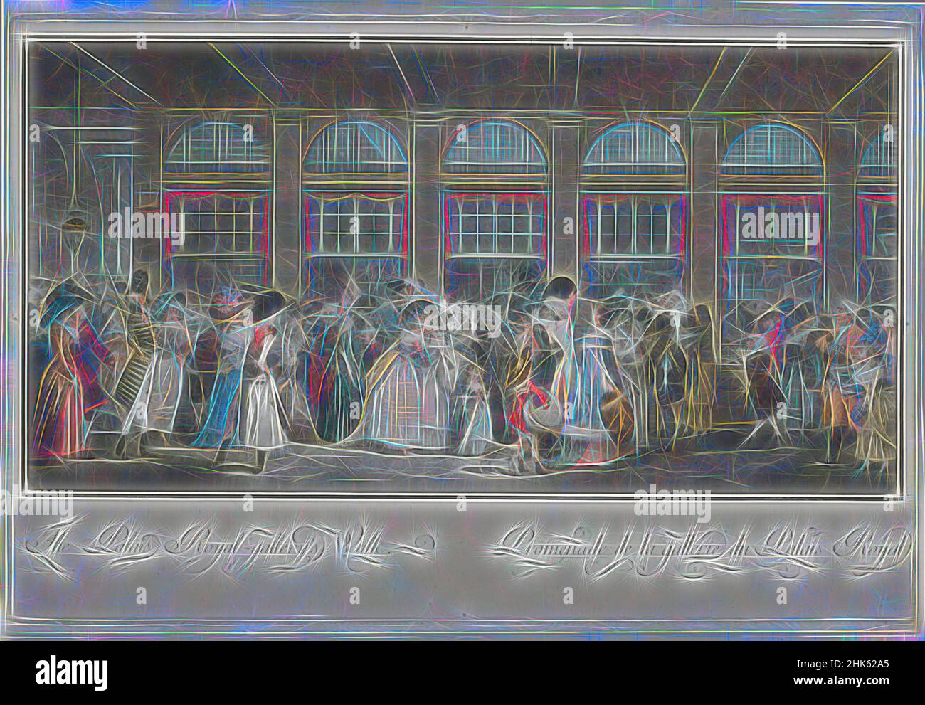Ispirato alla passeggiata del Palais Royal Gallery, Philibert-Louis Debucourt, francese, 1755–1832, 1787, Acquatinta e incisione, stampati con inchiostro blu, carminio, giallo e nero, Fabbricato a Parigi, Île-de-France, Francia, Europa, stampe, piastra: 15 1/16 x 22 5/8 poll. (38,3 x 57,5 cm, riimmaginato da Artotop. L'arte classica reinventata con un tocco moderno. Design di calda e allegra luminosità e di raggi di luce. La fotografia si ispira al surrealismo e al futurismo, abbracciando l'energia dinamica della tecnologia moderna, del movimento, della velocità e rivoluzionando la cultura Foto Stock