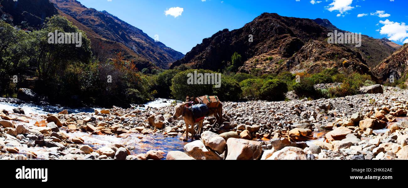 Panorama di montagne innevate e fiume glaciale e rocce nella valle nel remoto circuito di Cordillera Huayhuash vicino Caraz in Perù. Foto Stock