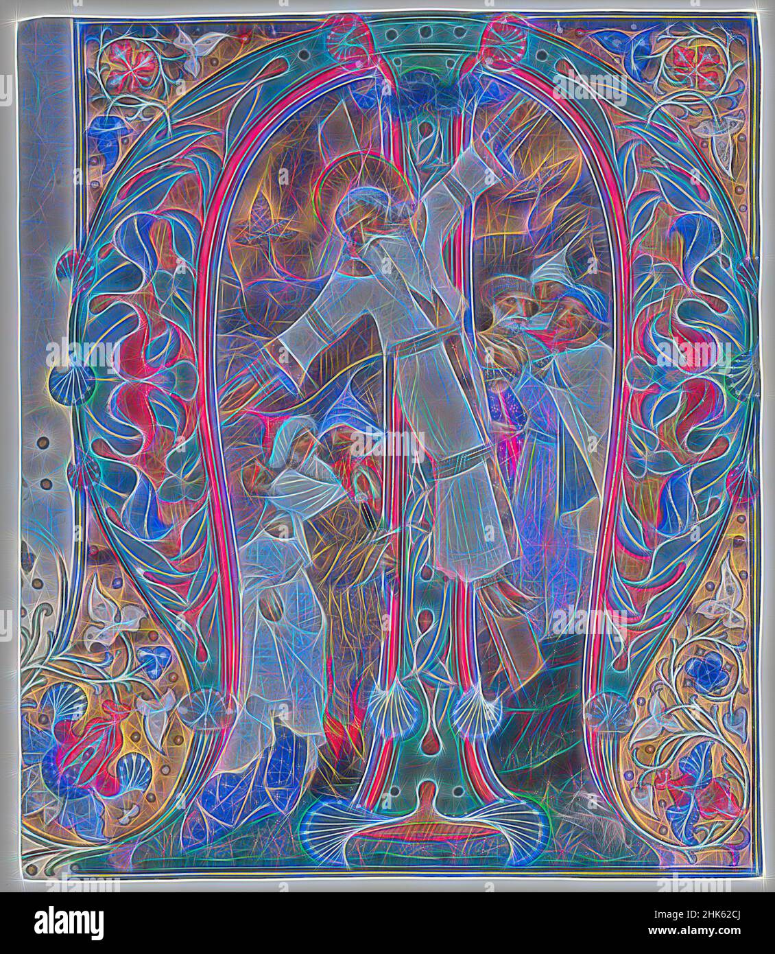 Ispirato alla Crocifissione di Sant'Andrea, Maestro del Murano graduale, italiano, attivo a metà del 15th secolo, 1440–50, Tempera e foglia d'oro in pergamena, made in Venice, Veneto, Italy, Europe, Libri e manoscritti, 11 9/16 x 9 11/16 pollici (29,3 x 24,6 cm, riimmaginato da Artotop. L'arte classica reinventata con un tocco moderno. Design di calda e allegra luminosità e di raggi di luce. La fotografia si ispira al surrealismo e al futurismo, abbracciando l'energia dinamica della tecnologia moderna, del movimento, della velocità e rivoluzionando la cultura Foto Stock