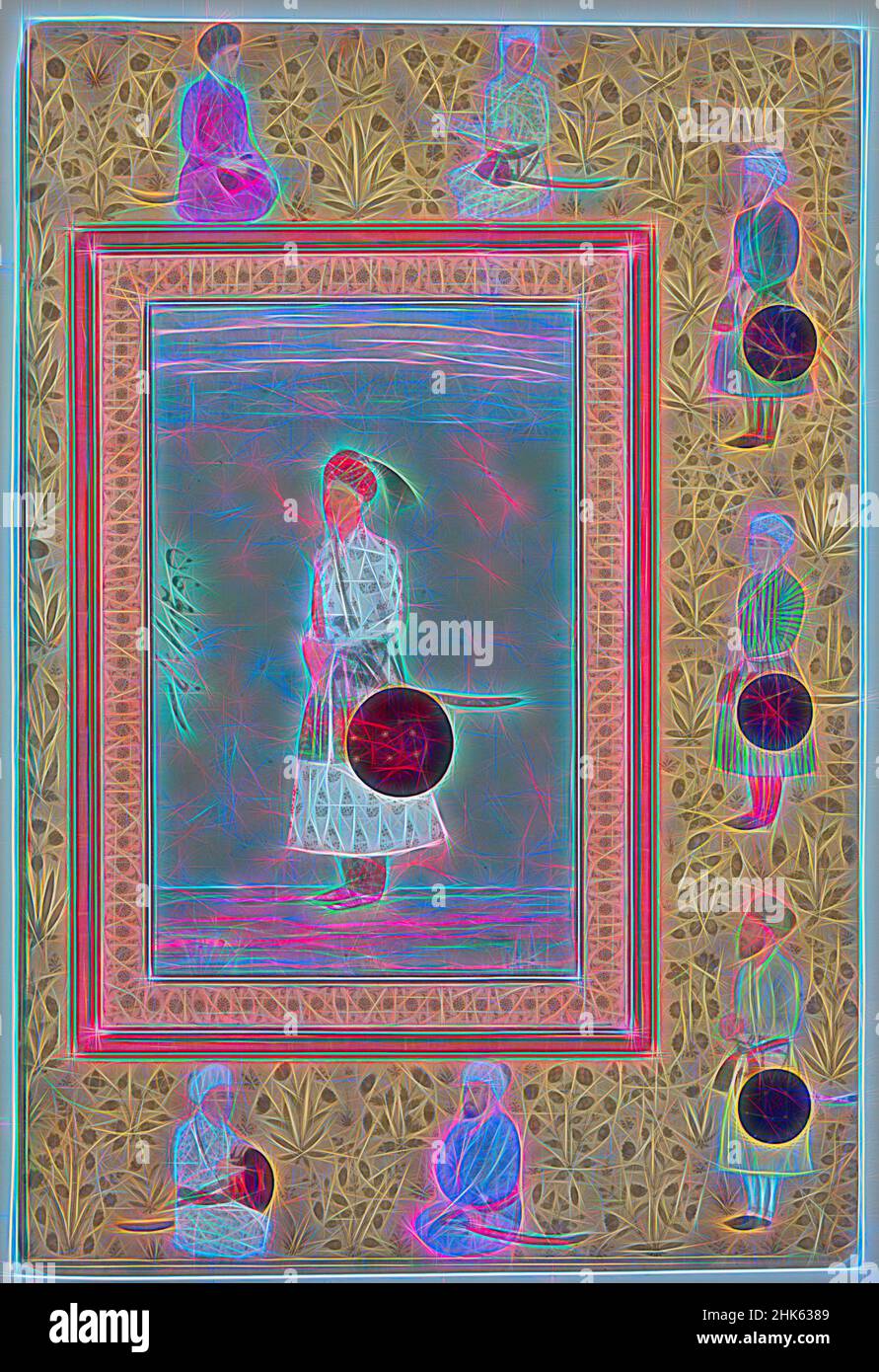 Ispirato da Page from the Late Shah Jahan Album, indiano, regno di Shah Jahan, 1627–1657, periodo Mughal, 1526–1858, c.1650–1660, Inchiostro, acquerello opaco, e oro su carta, fatto in India, Asia, disegni & acquerelli, dipinti, immagine: 8 1/16 x 5 1/8 pollici (20,5 x 13 cm, riimmaginato da Artotop. L'arte classica reinventata con un tocco moderno. Design di calda e allegra luminosità e di raggi di luce. La fotografia si ispira al surrealismo e al futurismo, abbracciando l'energia dinamica della tecnologia moderna, del movimento, della velocità e rivoluzionando la cultura Foto Stock