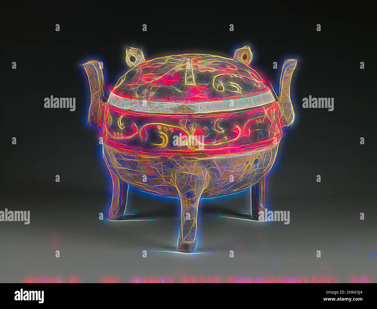 Ispirato da un vaso coperto sotto forma di un treppiede di bronzo rituale arcaico (ding) e il disegno di nuvole vorticoso, cinese, dinastia occidentale Han, 206 BC-ad 9, 2nd Century AC, Terracotta con decorazione dipinta, fatta in Cina, Asia, Ceramica, contenitori, altezza con coperchio: 7 1/2 poll. (19,1 cm, riimmaginato da Artotop. L'arte classica reinventata con un tocco moderno. Design di calda e allegra luminosità e di raggi di luce. La fotografia si ispira al surrealismo e al futurismo, abbracciando l'energia dinamica della tecnologia moderna, del movimento, della velocità e rivoluzionando la cultura Foto Stock