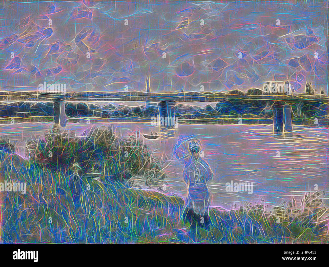 Ispirato dalla Promenade con il ponte ferroviario, Argenteuil, Claude Monet, francese, 1840–1926, 1874, olio su tela, fabbricato in Europa occidentale, Francia, Europa, Argenteuil, Île-de-France, Europa occidentale, Francia, Europa, dipinti, 21 1/8 x 28 3/8 pollici (53,7 x 72,1 cm, riimmaginato da Artotop. L'arte classica reinventata con un tocco moderno. Design di calda e allegra luminosità e di raggi di luce. La fotografia si ispira al surrealismo e al futurismo, abbracciando l'energia dinamica della tecnologia moderna, del movimento, della velocità e rivoluzionando la cultura Foto Stock