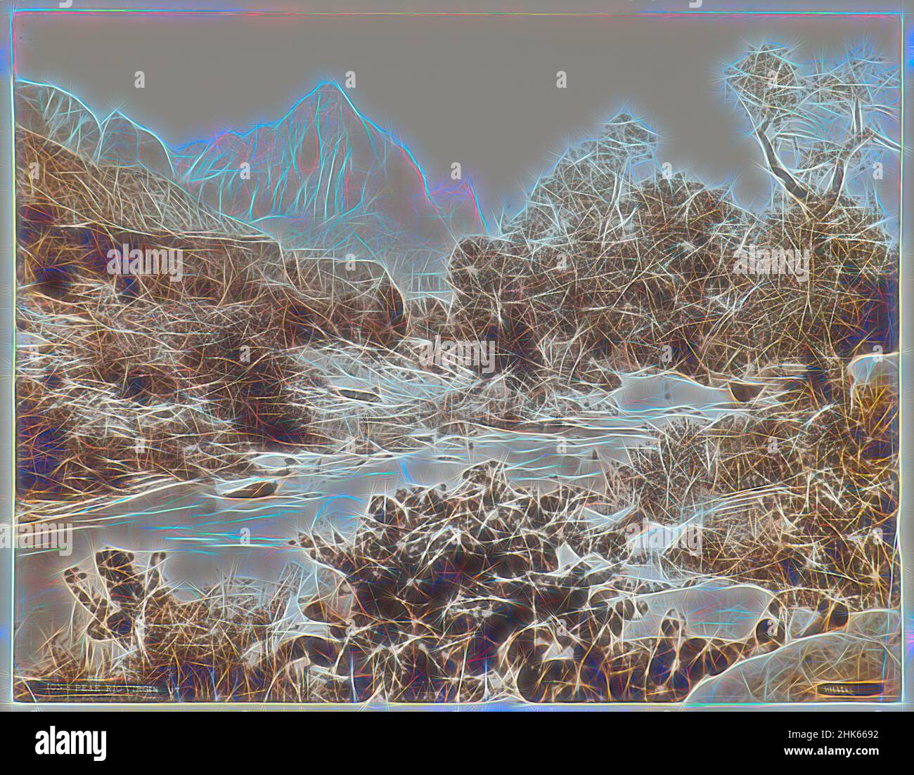 Ispirato da Lion's Peak, Rio Virgen, Utah, John K. Hillers, americano (nato in Germania), 1843–1925, 1872–73, Albumen Print, Utah, Stati Uniti, Nord e Centro America, fotografie, 9 13/16 x 12 9/16 pollici (24,9 x 31,9 cm, riimmaginato da Artotop. L'arte classica reinventata con un tocco moderno. Design di calda e allegra luminosità e di raggi di luce. La fotografia si ispira al surrealismo e al futurismo, abbracciando l'energia dinamica della tecnologia moderna, del movimento, della velocità e rivoluzionando la cultura Foto Stock