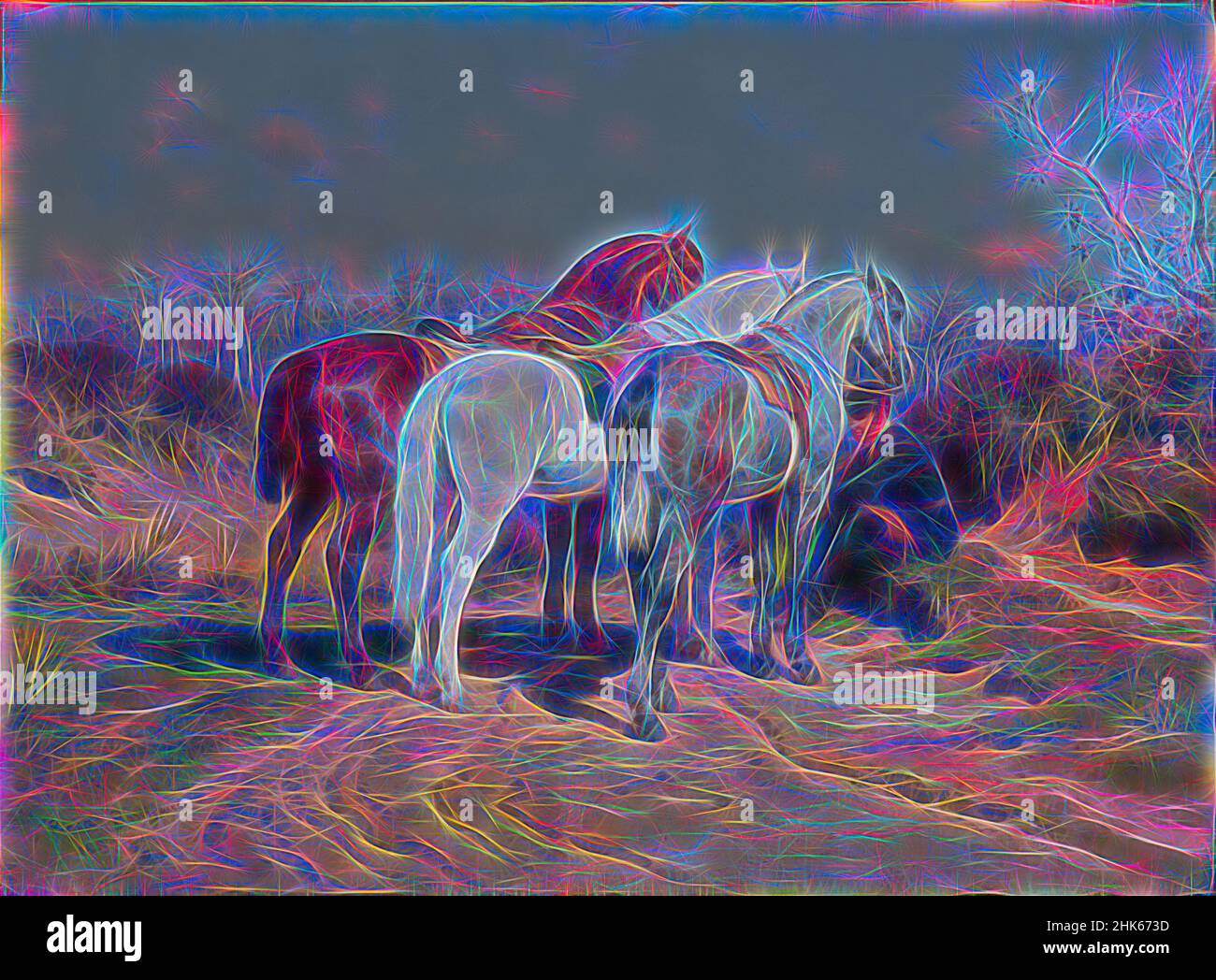 Ispirato da Relay Hunting, Rosa Bonheur, francese, 1822–1899, 1887, Olio su tela, fabbricato a Thomery, Île-de-France, Europa occidentale, Francia, Europa, dipinti, 18 x 26 pollici (45,7 x 66 cm, riimmaginato da Artotop. L'arte classica reinventata con un tocco moderno. Design di calda e allegra luminosità e di raggi di luce. La fotografia si ispira al surrealismo e al futurismo, abbracciando l'energia dinamica della tecnologia moderna, del movimento, della velocità e rivoluzionando la cultura Foto Stock