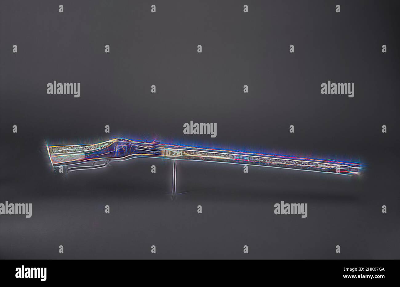 Ispirato a Wheel-lock Sporting Gun, tedesco, 1550–60, acciaio con false-Damascening in oro e argento, ottone, legno con intarsiato e colorato corno intarsiato, made in Germany, Europe, Arms & Armor, metallo, 2 7/8 x 47 3/4 x 3 1/2 poll. (7,3 x 121,3 x 8,9 cm, reinventato da Artotop. L'arte classica reinventata con un tocco moderno. Design di calda e allegra luminosità e di raggi di luce. La fotografia si ispira al surrealismo e al futurismo, abbracciando l'energia dinamica della tecnologia moderna, del movimento, della velocità e rivoluzionando la cultura Foto Stock