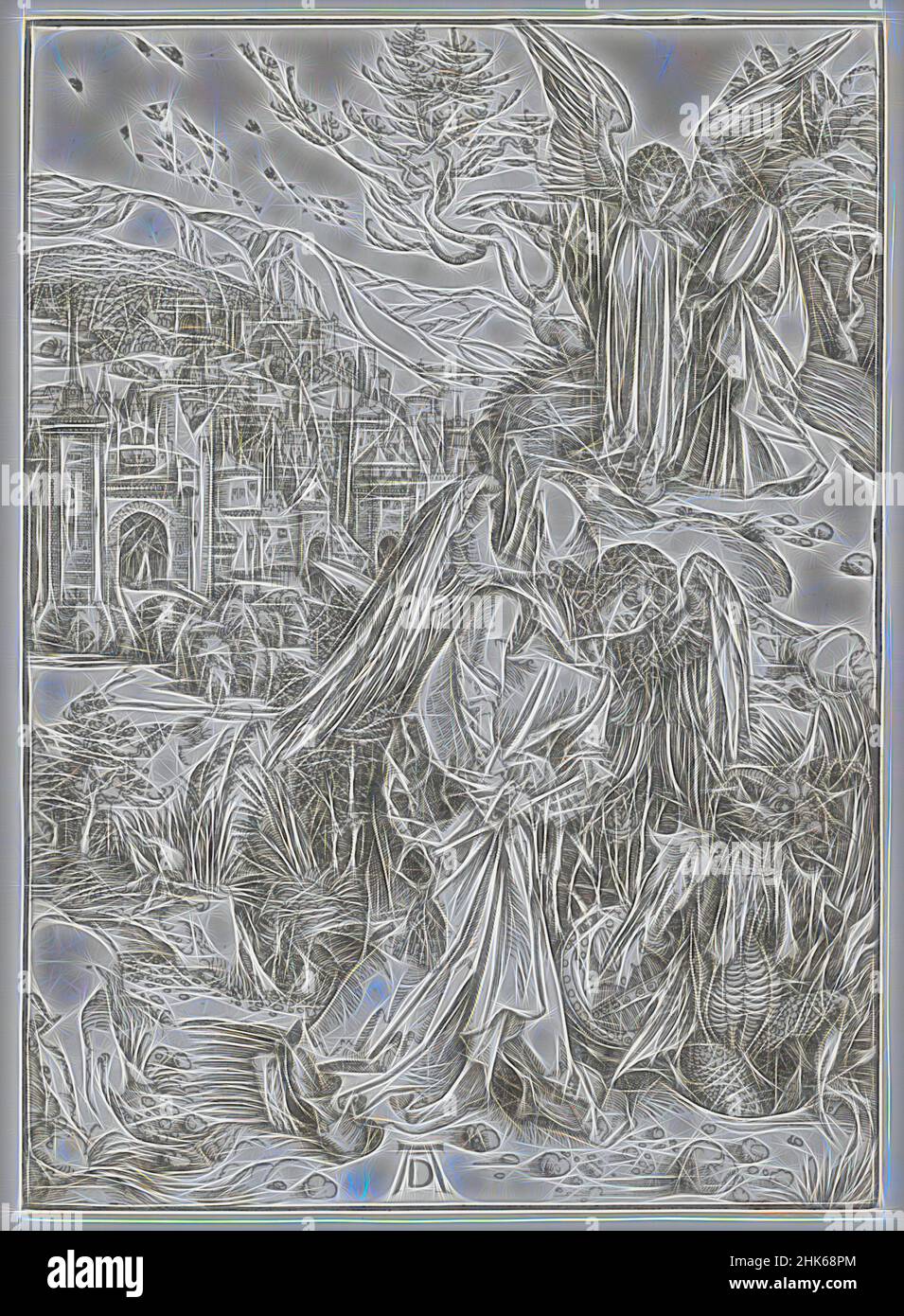 Ispirato dall'Angelo che mostra San Giovanni la Nuova Gerusalemme, dalla serie "l'Apocalisse", Albrecht Dürer, tedesco, 1471–1528, c.1496–97, Legno tagliato, fatto in Germania, Europa, stampe, immagine (irregolare): 15 9/16 x 11 1/4 pollici. (39,5 x 28,6 cm, riimmaginato da Artotop. L'arte classica reinventata con un tocco moderno. Design di calda e allegra luminosità e di raggi di luce. La fotografia si ispira al surrealismo e al futurismo, abbracciando l'energia dinamica della tecnologia moderna, del movimento, della velocità e rivoluzionando la cultura Foto Stock