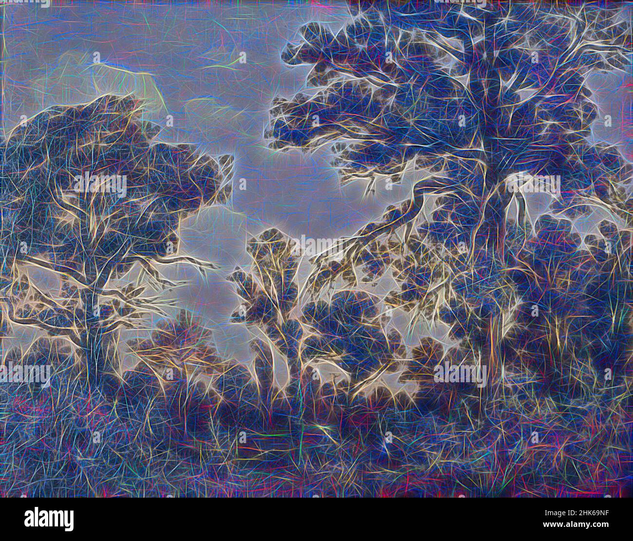 Ispirato dal grande albero di quercia, Foresta di Fontainebleau, Théodore Rousseau, francese, 1812–1867, 1839, olio su carta montato su tela, fabbricato in Francia, Europa, Fontainebleau, Île-de-France, Francia, Europa, dipinti, 12 1/2 x 16 1/4 pollici (31,8 x 41,3 cm, riimmaginato da Artotop. L'arte classica reinventata con un tocco moderno. Design di calda e allegra luminosità e di raggi di luce. La fotografia si ispira al surrealismo e al futurismo, abbracciando l'energia dinamica della tecnologia moderna, del movimento, della velocità e rivoluzionando la cultura Foto Stock