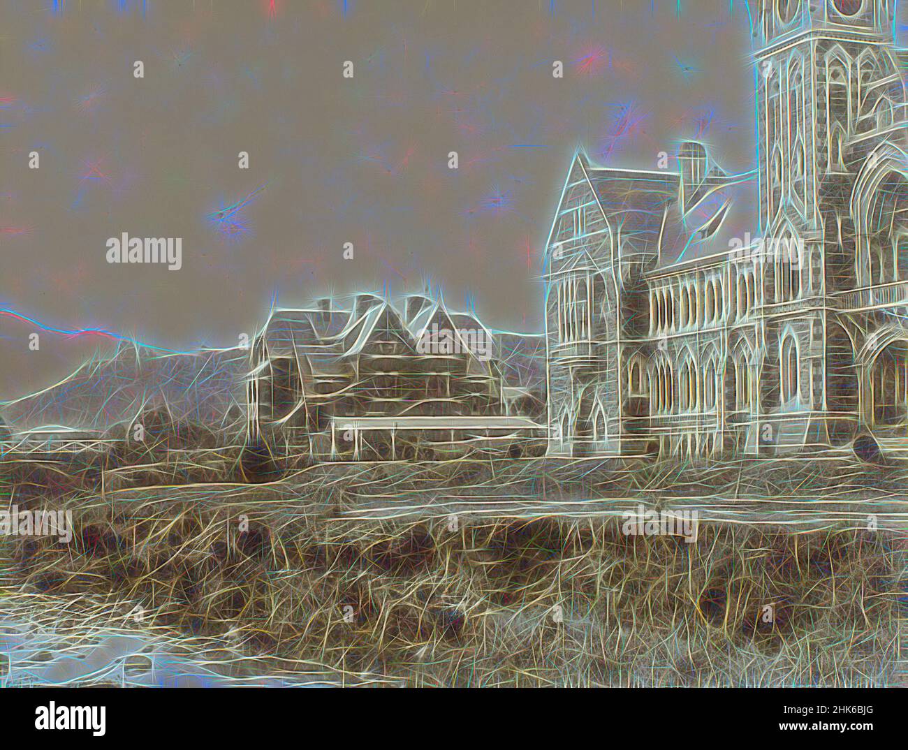 Ispirato da Università e Professori House, studio Burton Brothers, studio di fotografia, circa 1880, Dunedin, Fotografia, reinventata da Artotop. L'arte classica reinventata con un tocco moderno. Design di calda e allegra luminosità e di raggi di luce. La fotografia si ispira al surrealismo e al futurismo, abbracciando l'energia dinamica della tecnologia moderna, del movimento, della velocità e rivoluzionando la cultura Foto Stock