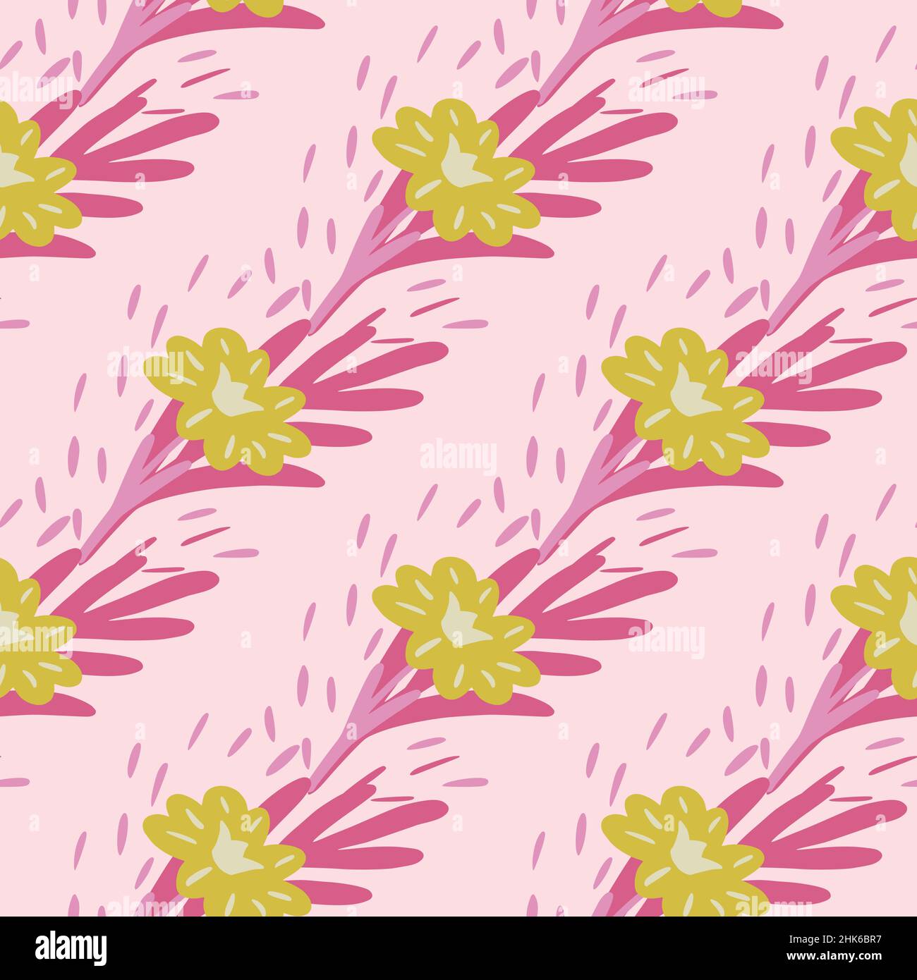 Motivo senza cuciture con mazzi di piccoli fiori su sfondo rosa chiaro. Modello floreale vettoriale in stile doodle. Texture botanica estate dolce per Illustrazione Vettoriale
