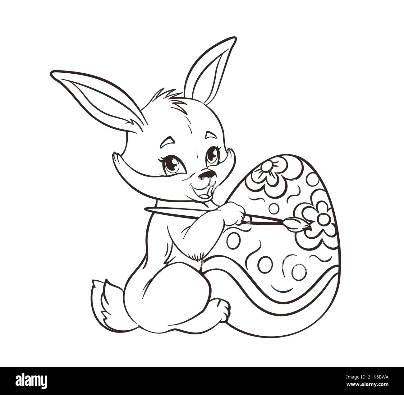 Libro da colorare Cute easter Bunny dipingere un uovo di pasqua con un disegno Brush.Vector in un cartoon piatto stile, linea bianca e nera arte Illustrazione Vettoriale