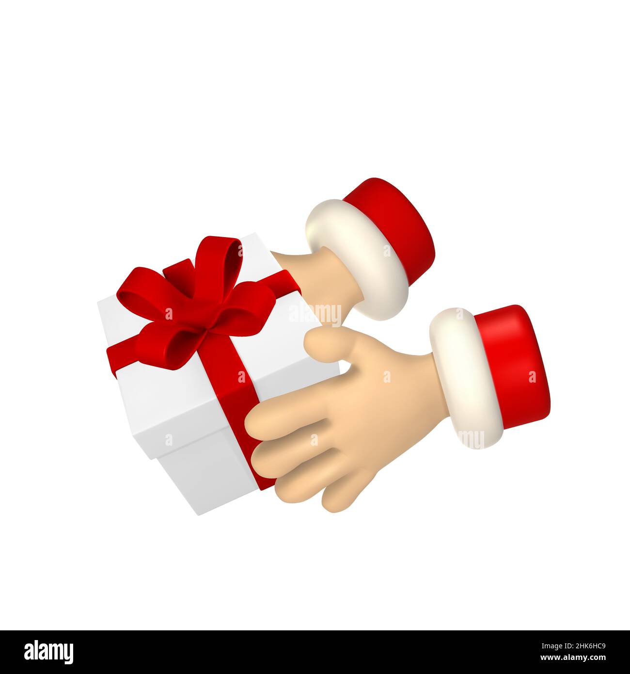 Cartoon personaggio con scatola regalo. rendering 3d di babbo natale mani. Illustrazione vettoriale. Illustrazione Vettoriale