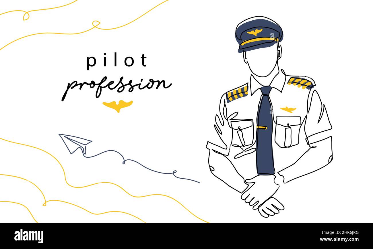 Pilota, professione aviatore, uomo in uniforme. Sfondo vettoriale, banner, poster. Un'illustrazione di disegno di linea continua del pilota Illustrazione Vettoriale