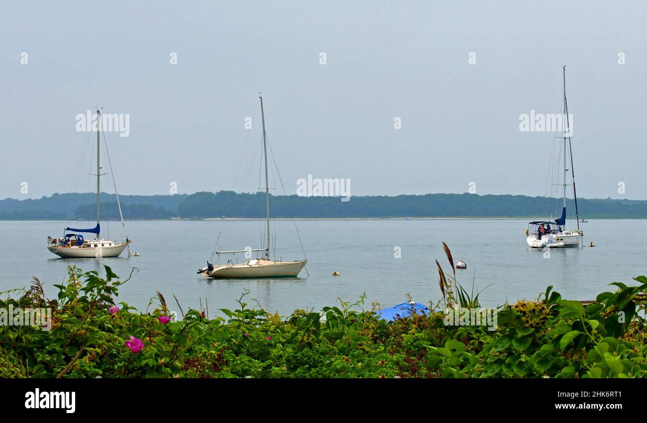 Tre barche a vela con un albero ciascuno o vela, su Lewis Bay a Cape Cod, Massachusetts.USA, in una giornata grigia. Vicino al porto di Hyannis. Foto Stock