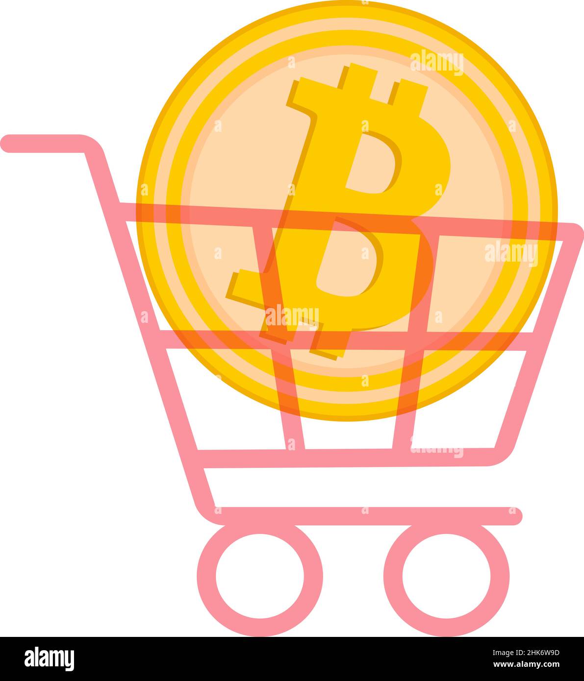 Acquisto di un supermercato carrello concetto con Bitcoin. Moneta di criptovaluta nel carrello. Immagine vettoriale. Illustrazione Vettoriale