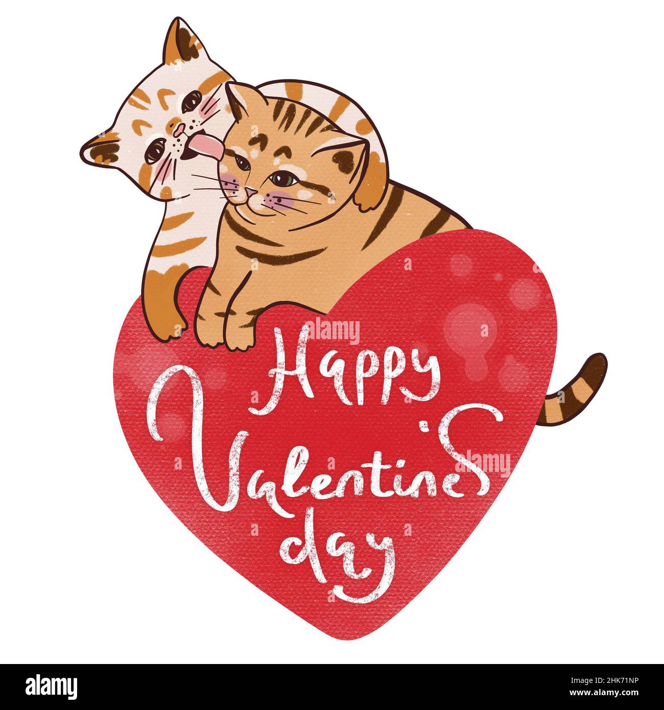 Due gattini carini con cuore rosso. I gatti dolci stampano per l'illustrazione del mestiere di San Valentino. Stile cartoon disegnato a mano Foto Stock
