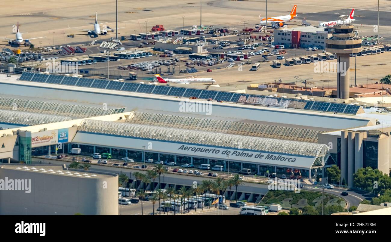 Veduta aerea, Aeropuerto de Palma de Mallorca, Aeroporto di Palma de Mallorca, edificio della reception, Maiorca, Isole Baleari, Spagna, Es, Europa, Airborne em Foto Stock