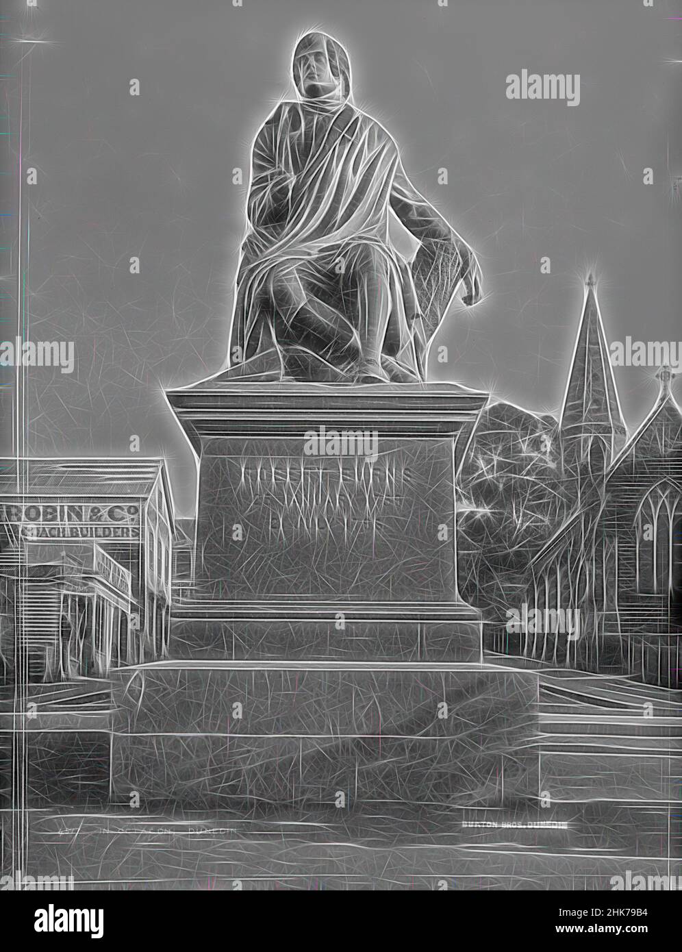 Ispirato da in Octagon, Dunedin, studio Burton Brothers, studio fotografico, Dunedin, Fotografia in bianco e nero, statua di Robbie Burns, reinventata da Artotop. L'arte classica reinventata con un tocco moderno. Design di calda e allegra luminosità e di raggi di luce. La fotografia si ispira al surrealismo e al futurismo, abbracciando l'energia dinamica della tecnologia moderna, del movimento, della velocità e rivoluzionando la cultura Foto Stock