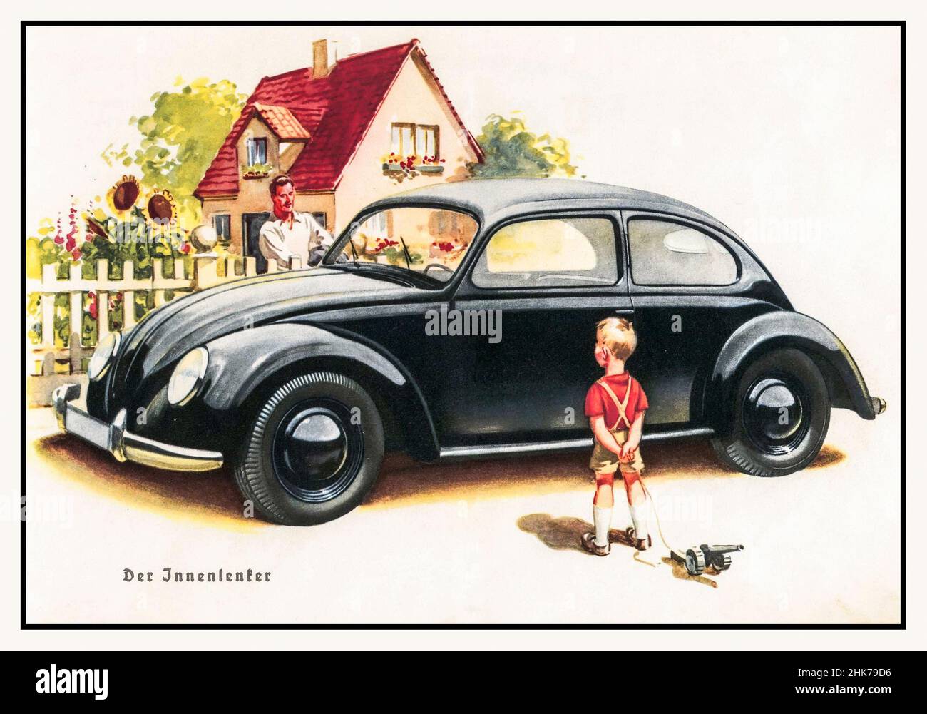 KDF Wagen 1930s pubblicità Volkswagen KDF Wagen, illustrazione dal manuale della prima Volkswagen / Beetle, 1939. Disegno: Ferdinand Porsche. Adolf Hitlers popoli auto che illustrano uno stile di vita idealistico sotto il regime nazista Foto Stock