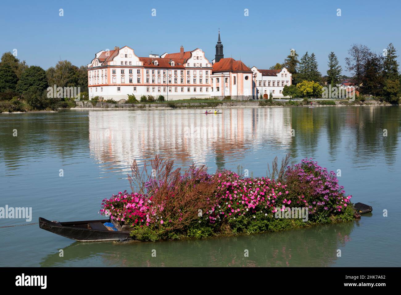 Castello Neuhaus am Inn, visto da Schaerding, castello barocco moated, Neuhaus am Inn, Inn, Innviertel, bassa Baviera, Baviera, Schaerding, Germania Foto Stock