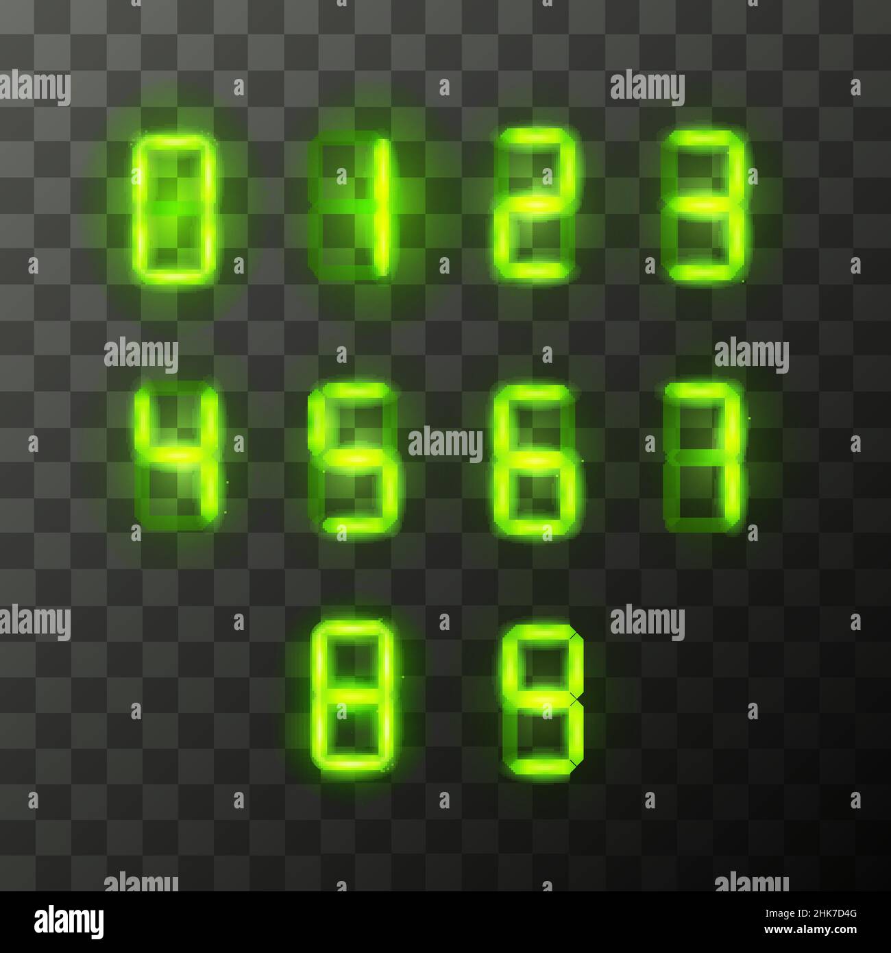 Numeri digitali vintage verdi, lettere tehnic retrò su sfondo trasparente Illustrazione Vettoriale