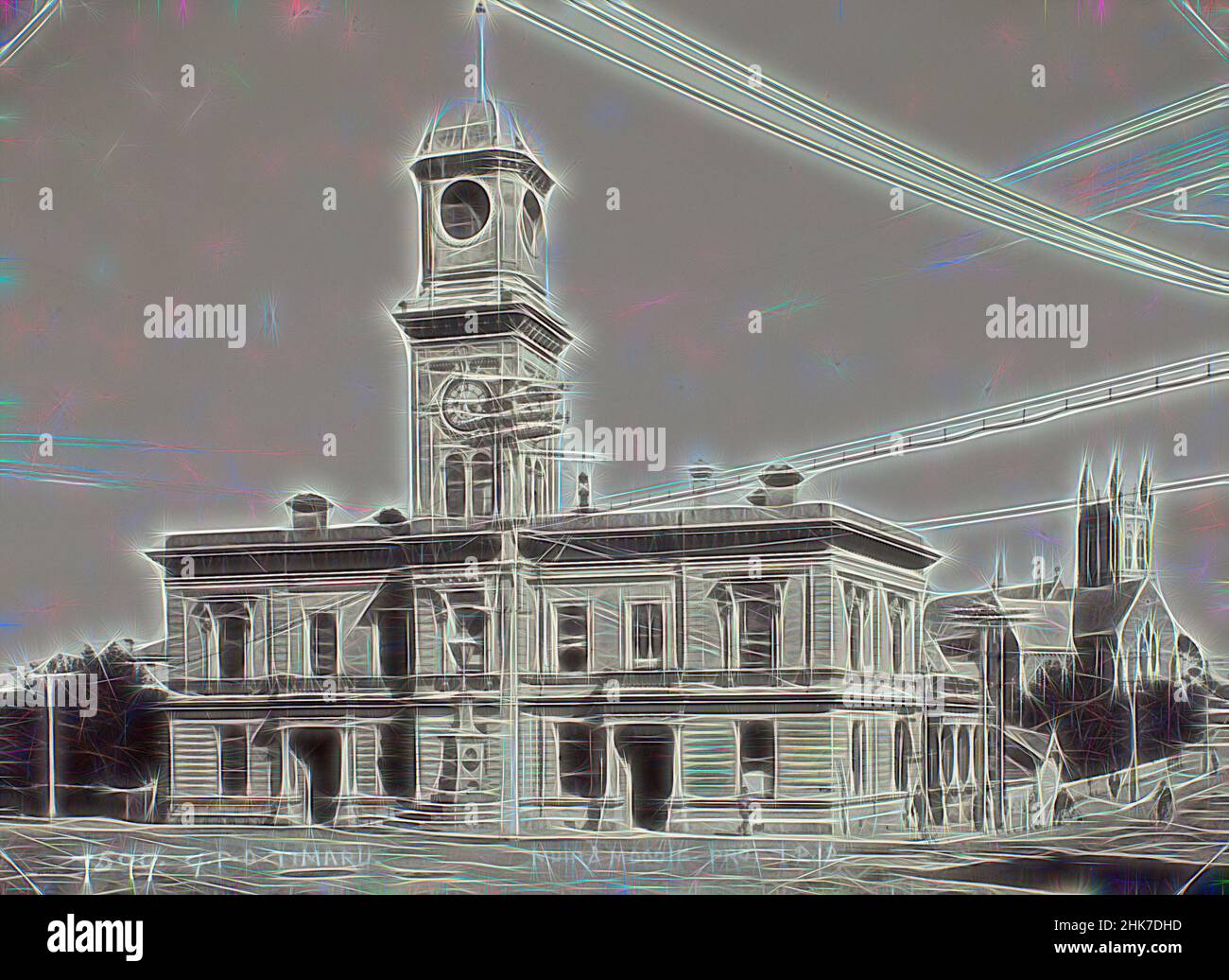 Ispirato da General Post Office, Timaru, Muir & Moodie studio, 1912, Timaru, Reimagined by Artotop. L'arte classica reinventata con un tocco moderno. Design di calda e allegra luminosità e di raggi di luce. La fotografia si ispira al surrealismo e al futurismo, abbracciando l'energia dinamica della tecnologia moderna, del movimento, della velocità e rivoluzionando la cultura Foto Stock