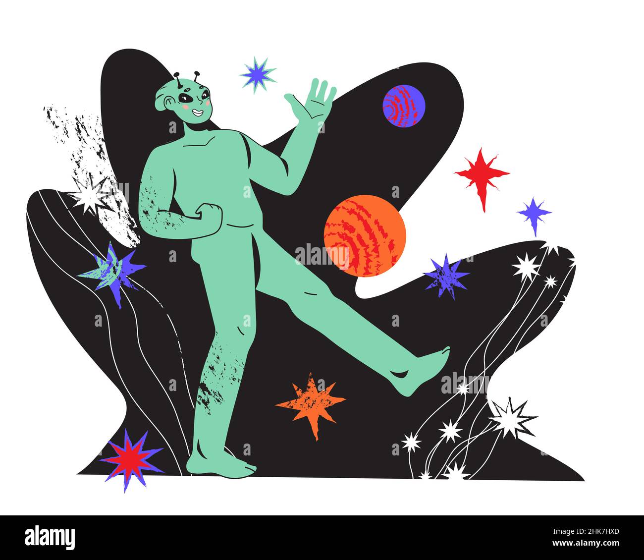 Divertente spazio sorridente alieno verde umanoide tra gli oggetti spaziali, vettore piatto. Illustrazione Vettoriale