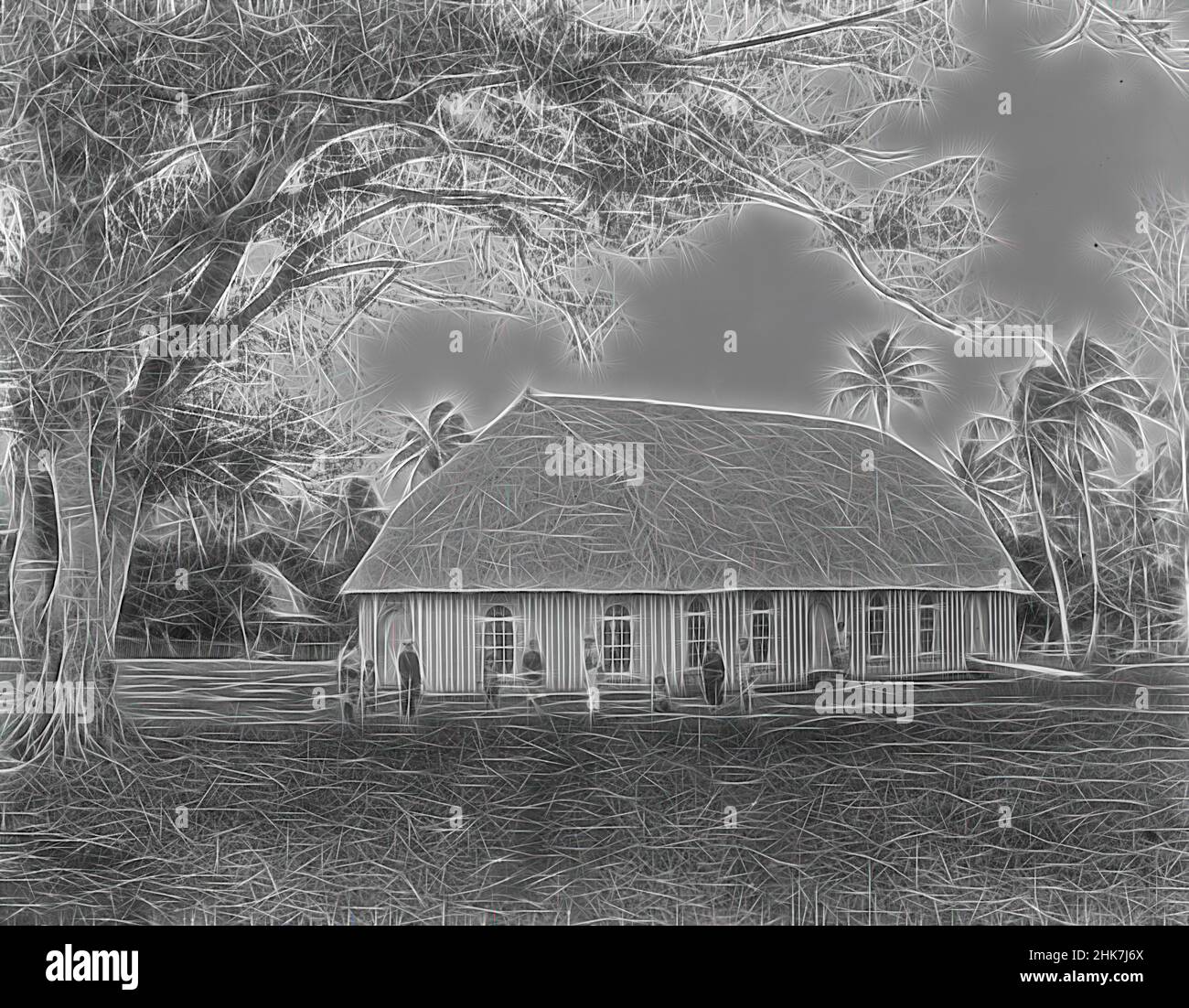 Ispirato da Neiafu, Wesleyan Church (esterno), Burton Brothers studio, studio fotografico, 26 luglio 1884, Nuova Zelanda, fotografia in bianco e nero, grande albero lasciato in primo piano nella radura di fronte alla chiesa edificio. Dieci persone in piedi o seduti sono di fronte alla chiesa. La chiesa ha un, reinventato da Artotop. L'arte classica reinventata con un tocco moderno. Design di calda e allegra luminosità e di raggi di luce. La fotografia si ispira al surrealismo e al futurismo, abbracciando l'energia dinamica della tecnologia moderna, del movimento, della velocità e rivoluzionando la cultura Foto Stock