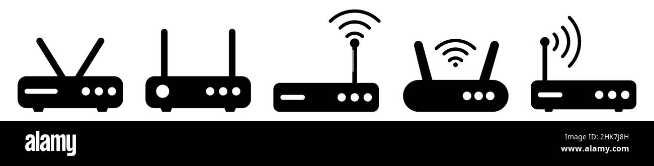 Icona del router WiFi impostata. Segnale wireless del servizio Internet. Illustrazione vettoriale isolata su sfondo bianco Illustrazione Vettoriale