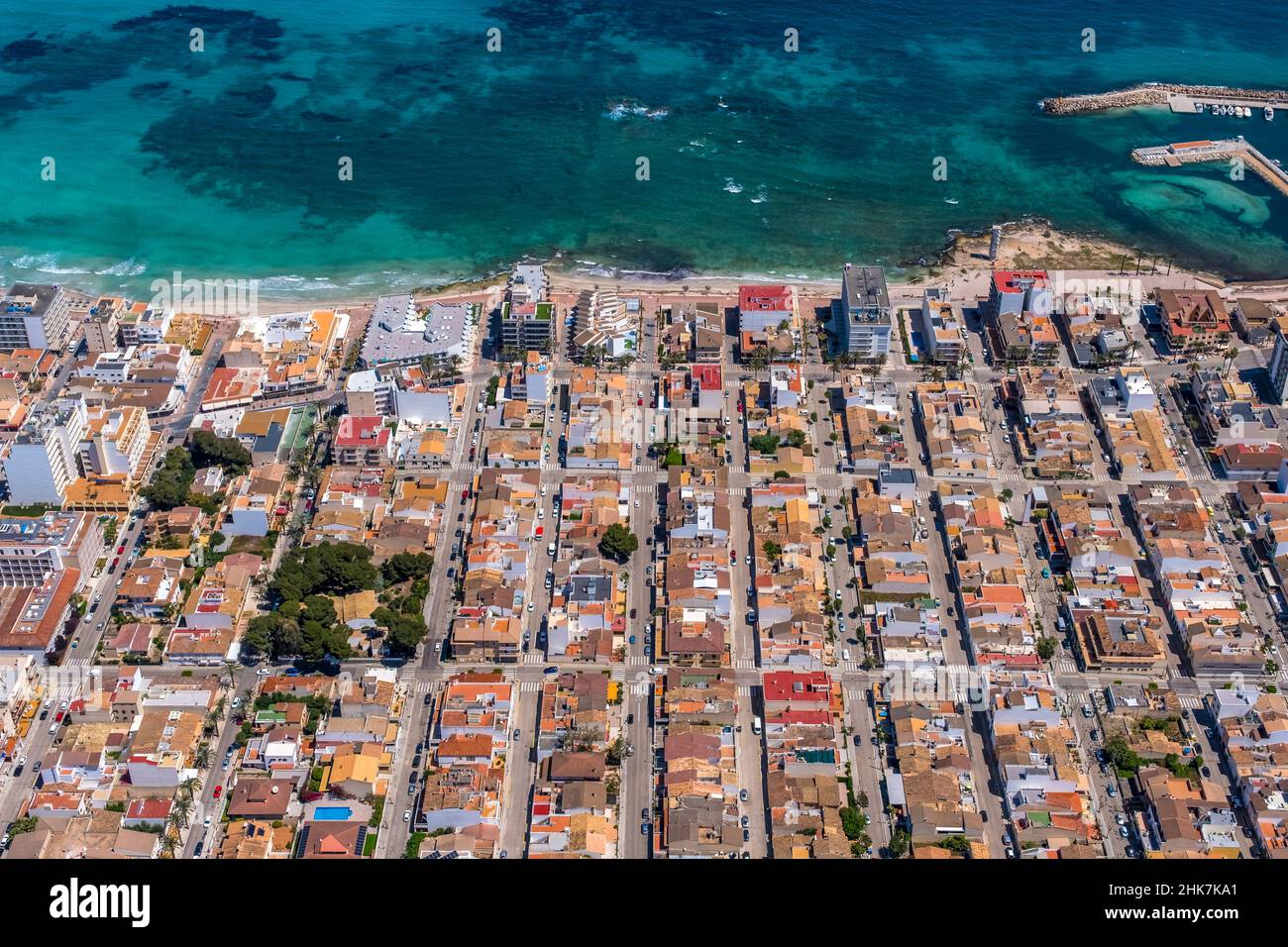 Veduta aerea, Colonia de Sant Pere, Mallorca, Isole Baleari, Isole Baleari, Spagna, Colonia de Sant Pere, ES, Europa, gastronomia, hotel, hotel fac Foto Stock