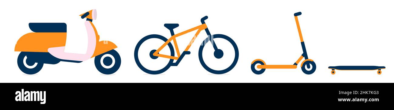 Trasporto per servizio di consegna di cibo, set icone di bicicletta, bicicletta, scooter kick e longboard. Icone del trasporto elettrico per il servizio di noleggio Illustrazione Vettoriale