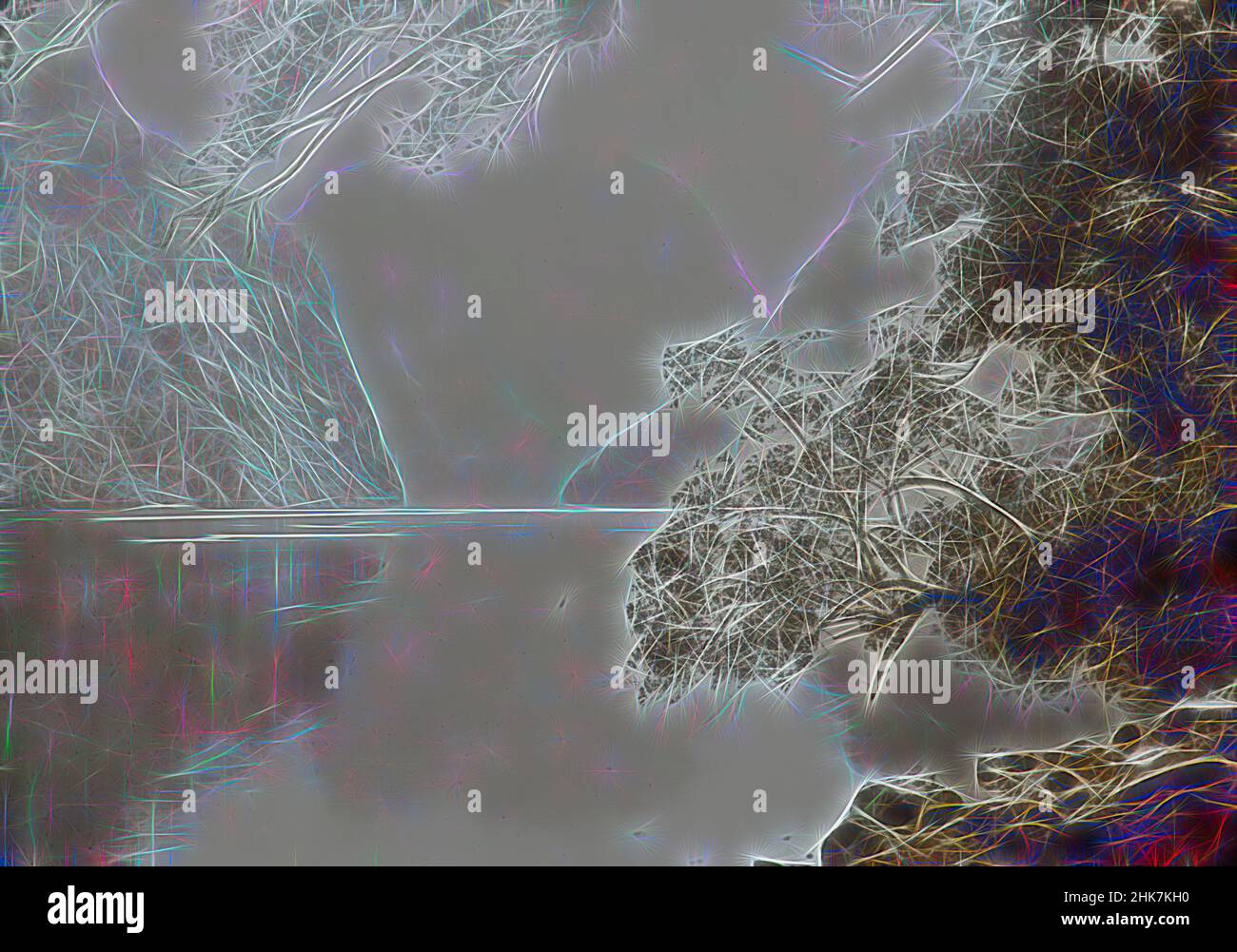 Ispirato da Hall's Arm, Looking Down, studio Burton Brothers, studio fotografico, 1885, Dunedin, fotografia in bianco e nero, raffigura Hall Arm, una stretta estensione del Doubtful Sound che si estende a sud del Parco Nazionale Fiordland, reinventato da Artotop. L'arte classica reinventata con un tocco moderno. Design di calda e allegra luminosità e di raggi di luce. La fotografia si ispira al surrealismo e al futurismo, abbracciando l'energia dinamica della tecnologia moderna, del movimento, della velocità e rivoluzionando la cultura Foto Stock