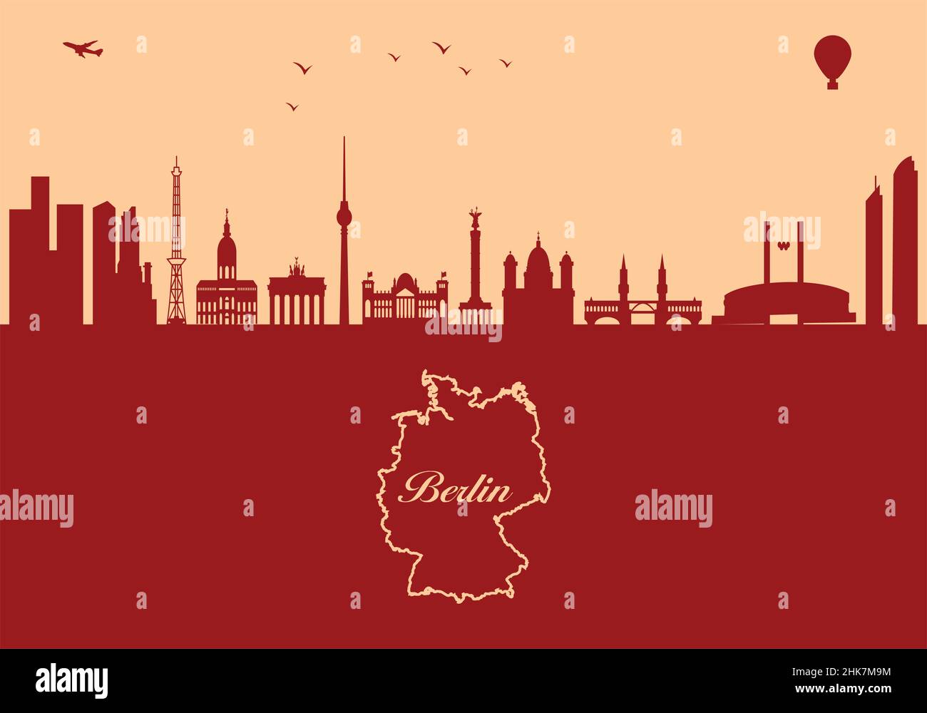 Profilo della città di Berlino - illustrazione, Città in sfondo Maroon, Mappa della Germania Illustrazione Vettoriale