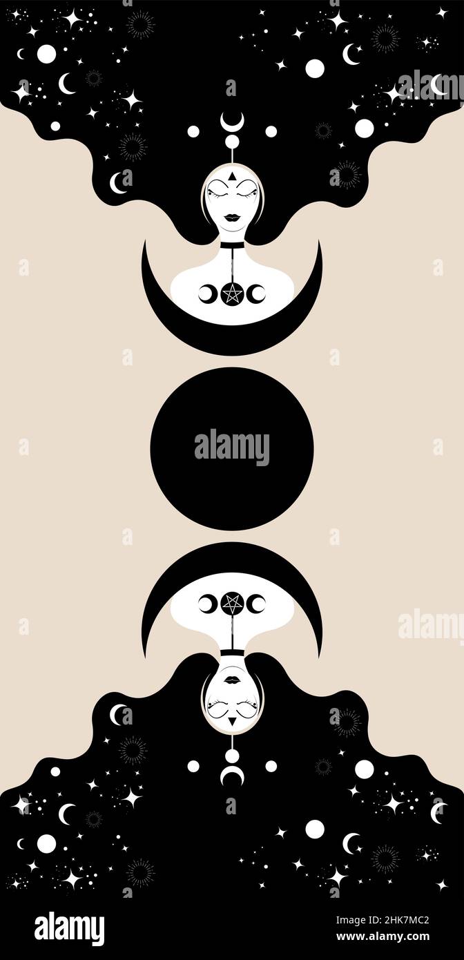 Priestess con capelli lonh, modello banner. Luna tripla, icona sacra della dea delle donne di wiccan. Crescent Moon Religious Wicca segno. Simboli del neopaganismo Illustrazione Vettoriale