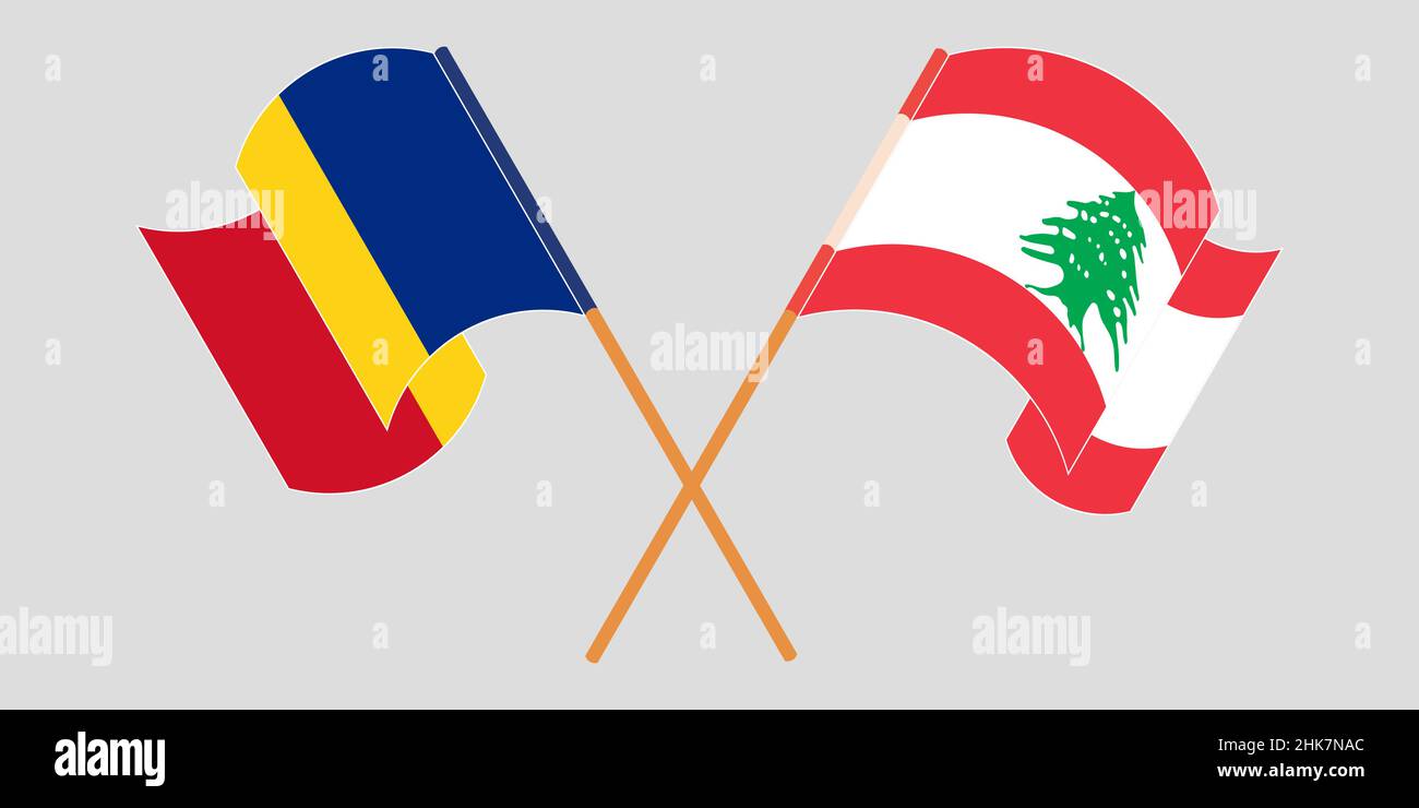Bandiere incrociate e sventolanti di Libano e Romania. Illustrazione vettoriale Illustrazione Vettoriale