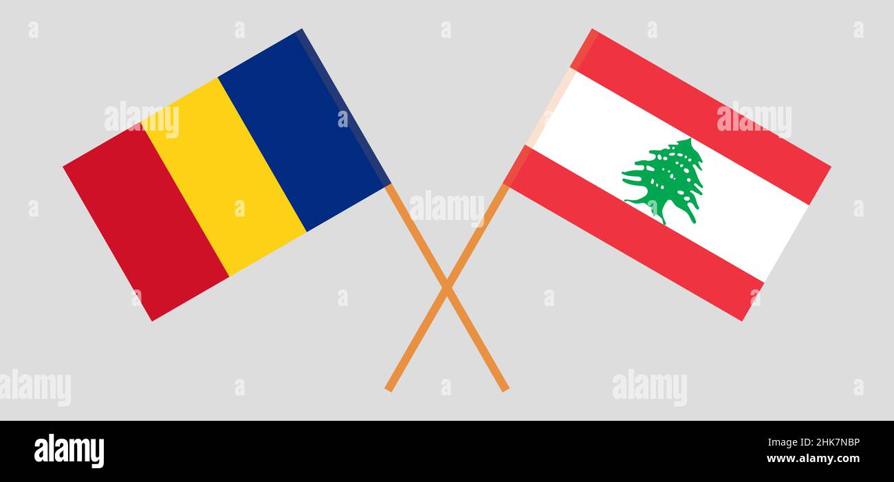 Bandiere incrociate di Libano e Romania. Colori ufficiali. Proporzione corretta. Illustrazione vettoriale Illustrazione Vettoriale