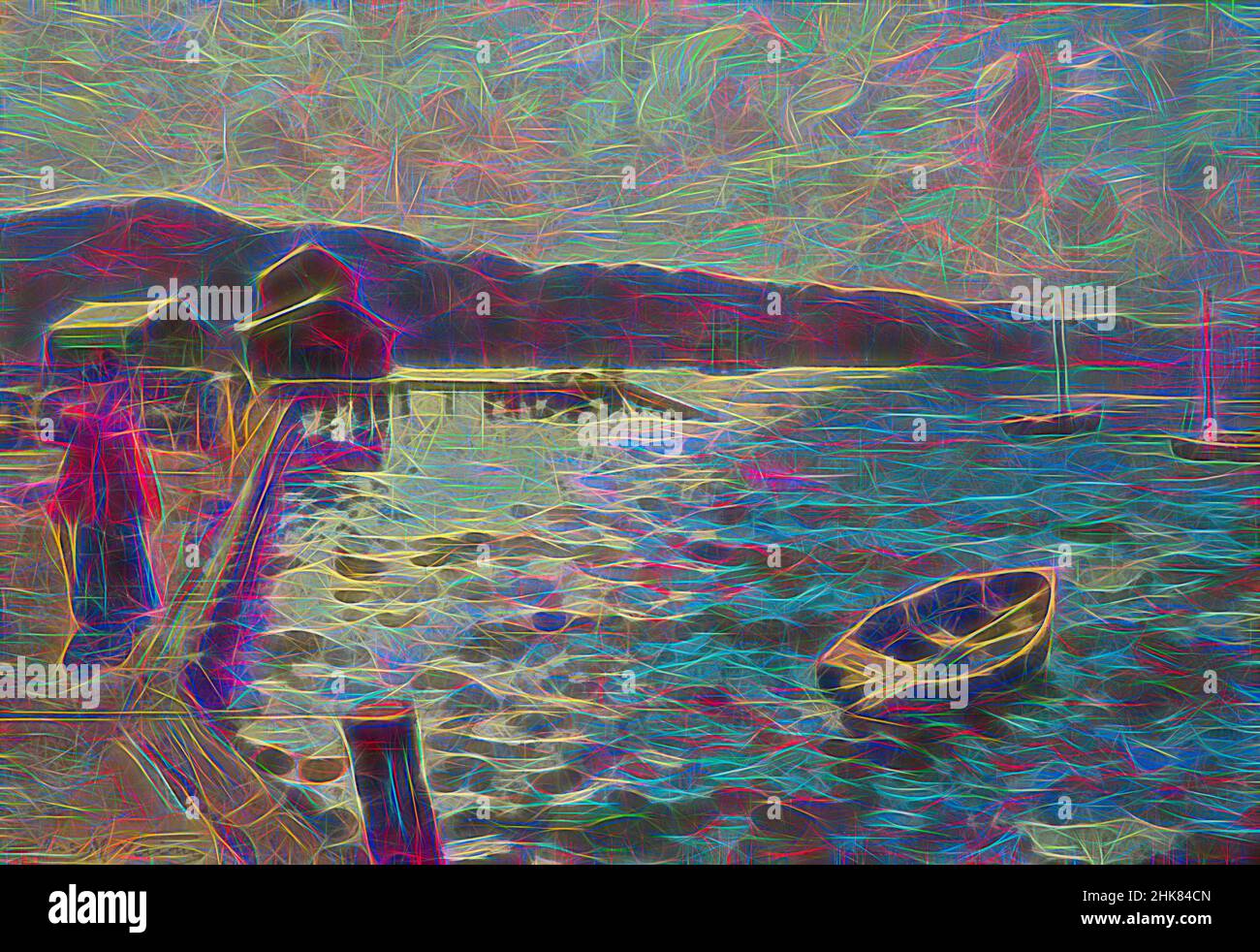 Ispirato da Wellington Harbour, James Nairn, artista, 1894, Wellington, Wellington Harbour fu un soggetto preferito dall'artista James M Nairn, uno che esplorò ripetutamente dal 1891after si stabilì a Wellington. Uno dei suoi interessi primari era negli effetti della luce sulla superficie dell'acqua.to, reinventato da Artotop. L'arte classica reinventata con un tocco moderno. Design di calda e allegra luminosità e di raggi di luce. La fotografia si ispira al surrealismo e al futurismo, abbracciando l'energia dinamica della tecnologia moderna, del movimento, della velocità e rivoluzionando la cultura Foto Stock
