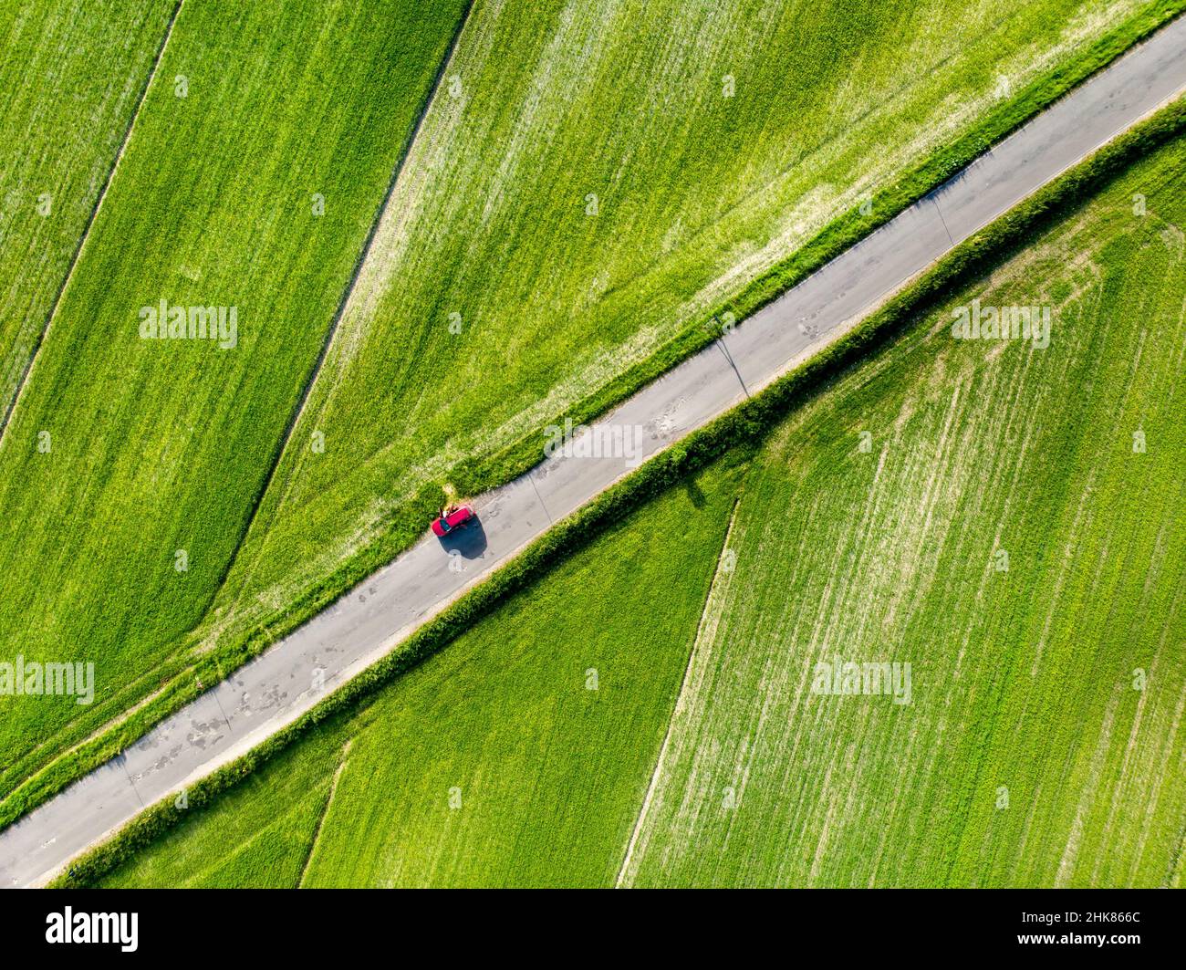 Veduta aerea dall'alto di piano Grande, grande altopiano carsico dei Monti Sibillini. Splendidi campi verdi del Parco Nazionale dei Monti Sibillini, Foto Stock