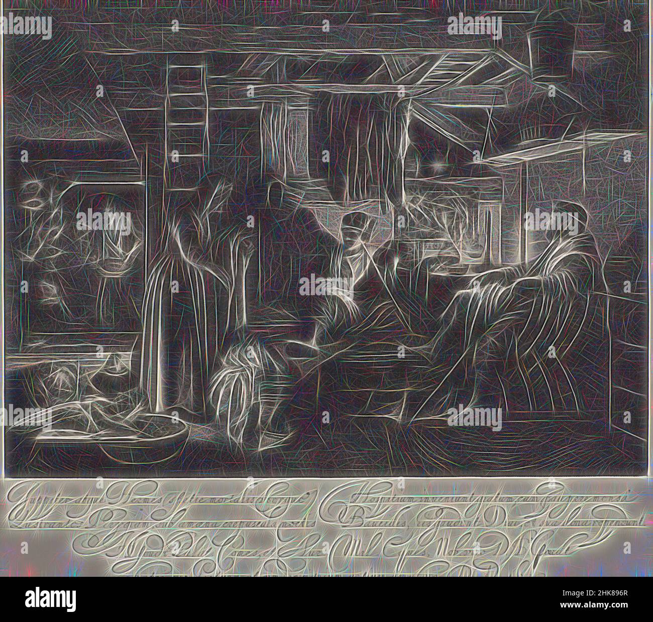 Ispirato da Giove e Mercurio nella Casa di Filemone e Baucis, Hendrik Goudt, incisore, 1612, Paesi Bassi, Incisione, Hendrik Goudt fece solo sette incisioni, tutte dopo dipinti del venerato pittore tedesco Adam Elsheimer. Tuttavia Gudt fu uno dei più influenti di tutti i primi anni del 17th, reinventato da Artotop. L'arte classica reinventata con un tocco moderno. Design di calda e allegra luminosità e di raggi di luce. La fotografia si ispira al surrealismo e al futurismo, abbracciando l'energia dinamica della tecnologia moderna, del movimento, della velocità e rivoluzionando la cultura Foto Stock