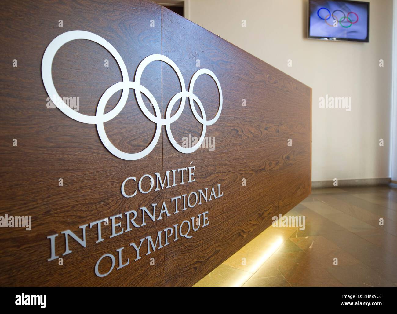 Losanna, Svizzera - 22 maggio 2019: Il Comitato Olimpico Internazionale, il CIO, riunione del Comitato Esecutivo con gli anelli Olimpici presso la sede centrale di Ringe, Comite International Olympique. Mandoga Media Germania Foto Stock