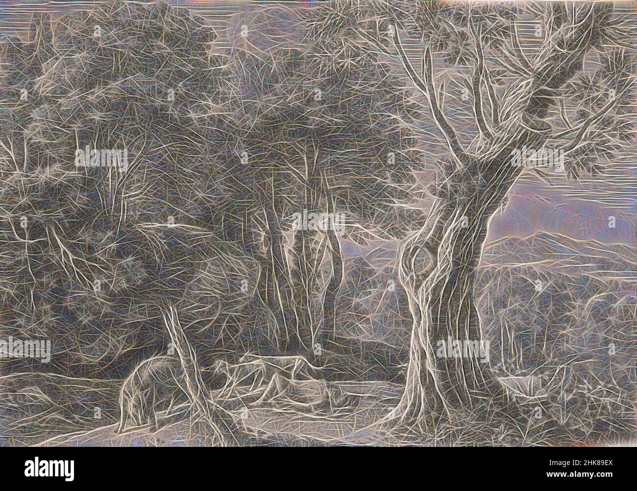 Ispirato da sei paesaggi con la storia di Adonis. Piastra 5. La morte di Adonis., Herman van Swanevelt, artista, 1654, Francia, Etching, come molti altri artisti olandesi del suo tempo, Herman van Swanevelt (1602-1655) ha trascorso molti anni a Roma, dove c'era una comunità di artisti olandesi, Fiandre, reinventati da Artotop. L'arte classica reinventata con un tocco moderno. Design di calda e allegra luminosità e di raggi di luce. La fotografia si ispira al surrealismo e al futurismo, abbracciando l'energia dinamica della tecnologia moderna, del movimento, della velocità e rivoluzionando la cultura Foto Stock