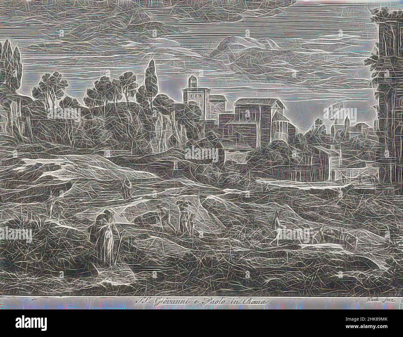 Ispirato da Die Römischen Ansichten (vista di Roma) / SS. Giovanni e Paolo in Roma., Joseph Koch, artista, 1810, Italia, Etching, Joseph Anton Koch (1768–1839) fu un pittore austriaco del Neoclassico e successivamente dei movimenti romantici tedeschi. È probabilmente il paesaggio neoclassico più significativo, reinventato da Artotop. L'arte classica reinventata con un tocco moderno. Design di calda e allegra luminosità e di raggi di luce. La fotografia si ispira al surrealismo e al futurismo, abbracciando l'energia dinamica della tecnologia moderna, del movimento, della velocità e rivoluzionando la cultura Foto Stock