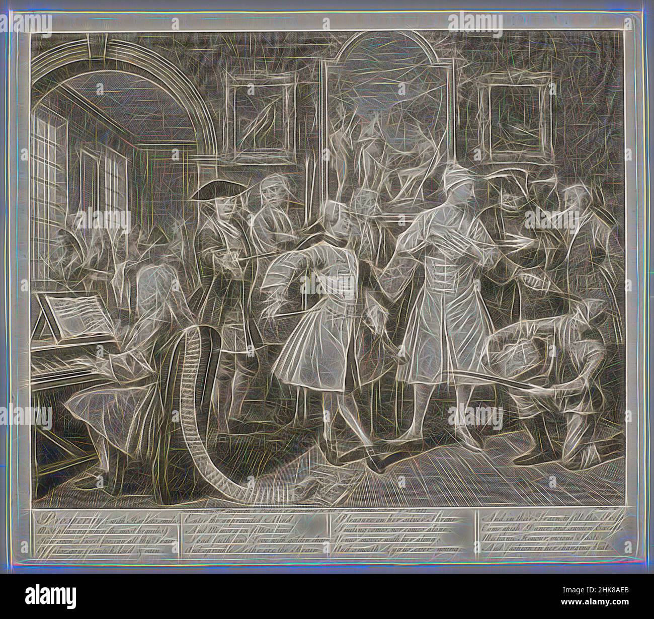 Ispirato ai progressi Di Un rastrello. Piastra 2. The Levee., William Hogarth, artist, 1735, Greater London, Incisione, il progresso Di Un Rake è una serie di otto dipinti di William Hogarth. Le tele sono state prodotte nel 1732-33, poi incise e pubblicate nel 1735. Te Papa ha l'insieme di otto incisioni. Il, reinventato da Artotop. L'arte classica reinventata con un tocco moderno. Design di calda e allegra luminosità e di raggi di luce. La fotografia si ispira al surrealismo e al futurismo, abbracciando l'energia dinamica della tecnologia moderna, del movimento, della velocità e rivoluzionando la cultura Foto Stock