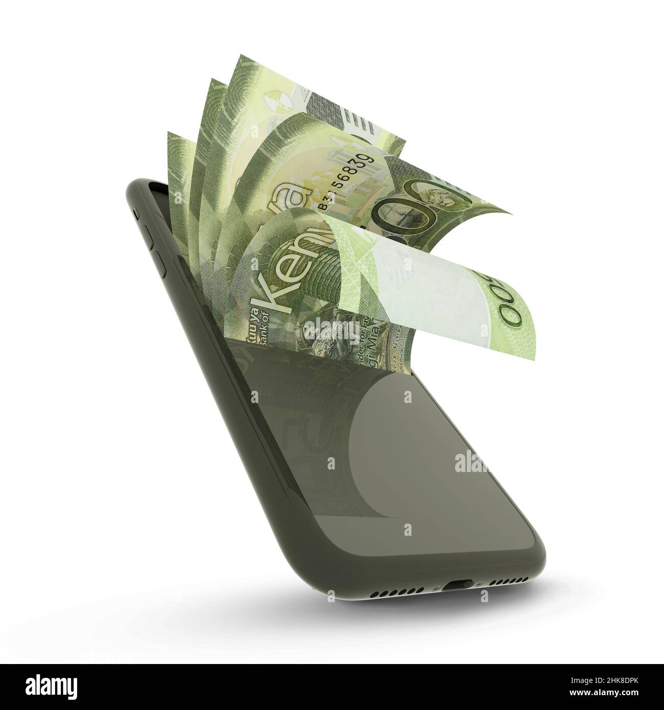 3D rendering di 500 note shilling keniote all'interno di un telefono cellulare isolato su sfondo bianco Foto Stock