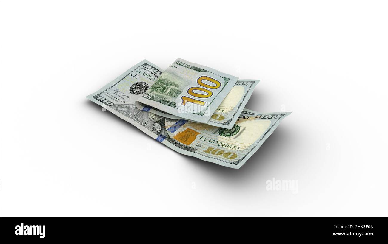 Rendering 3D di doppie note da 100 dollari USA con ombre su sfondo bianco Foto Stock